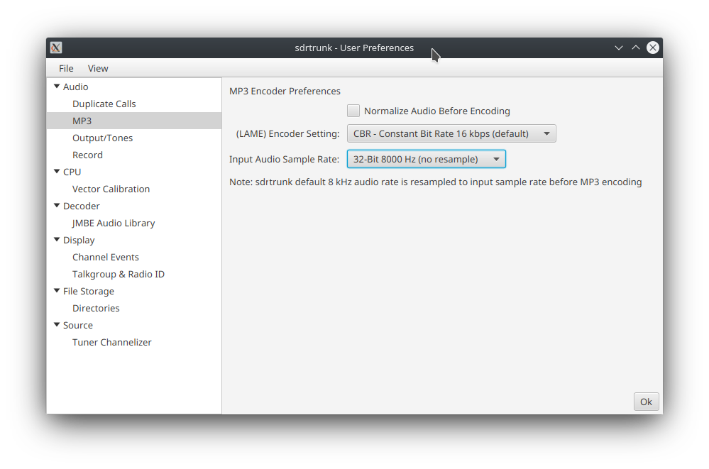 Image of the user preferences editor with the audio category and the MP3 editor pane showing