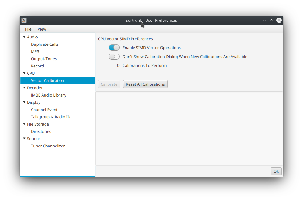 Image of the user preferences editor with the CPU category and the Vector Calibration editor pane showing