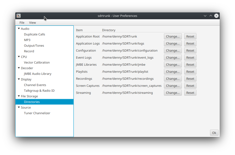 Image of the user preferences editor with the File Storage category and the Directories editor pane showing