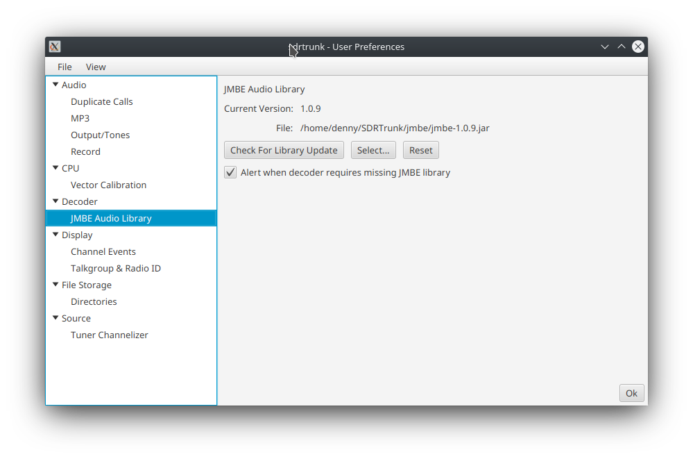 Image of the user preferences editor with the Decoder category and the JMBE Audio Library editor pane showing