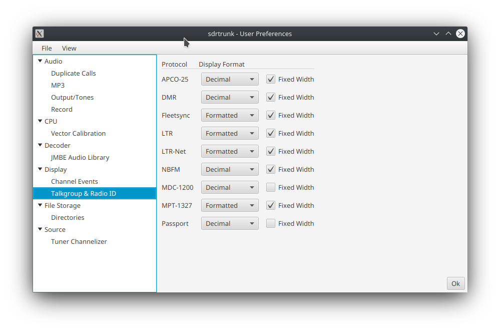 Image of the user preferences editor with the Display category and the Talkgroup and Radio ID editor pane showing