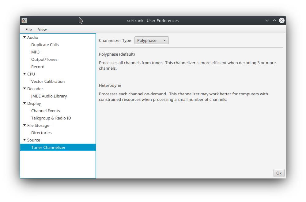 Image of the user preferences editor with the Source category and the Tuner Channelizer editor pane showing